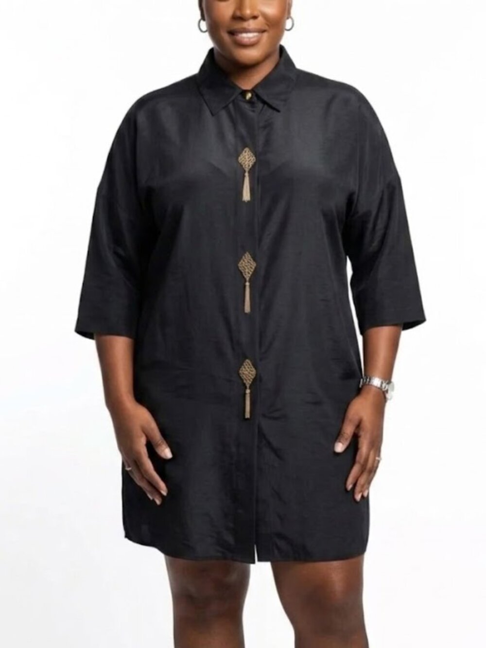 Vintage Jessica Cole Black Shirt Dress Gold Tassel Buttons Size 20